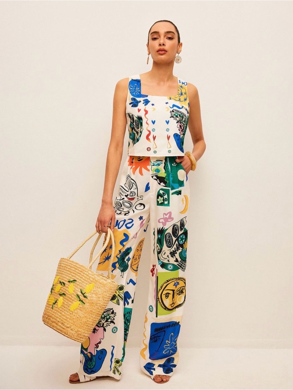 Commense Graphic Print Crop Top/Pant Set